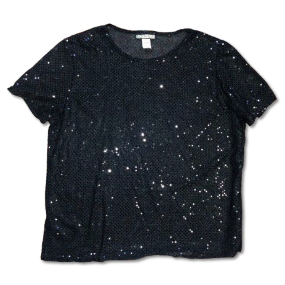 80s Vintage Notations Sheer Sequin Short Sleeved Top size L